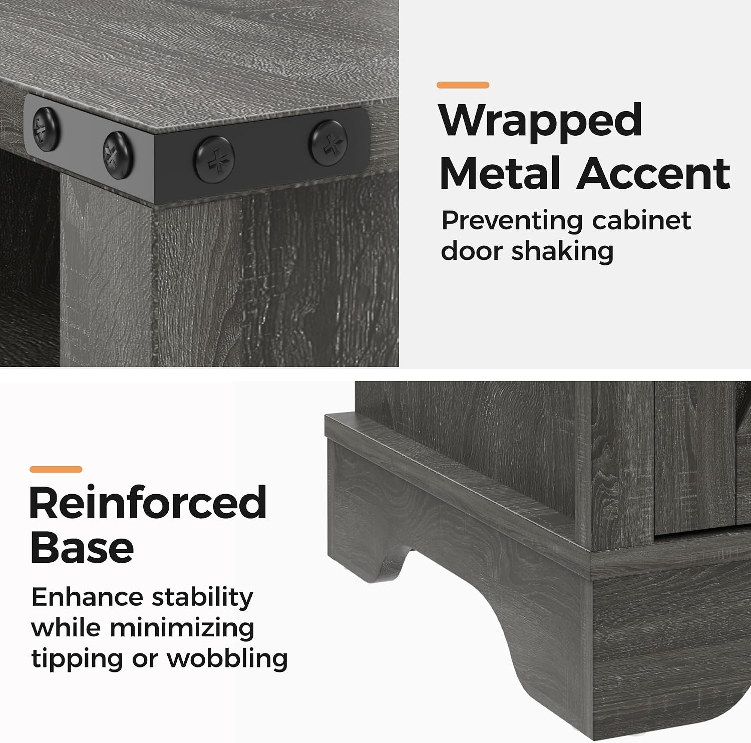 RoyalCraft Farmhouse Nightstand Set of 2, End Table with Charging Station, Tall Bedside Table with Large Storage and Shelf, Wooden Side Table with for Bedroom, Home Office, Dark Grey