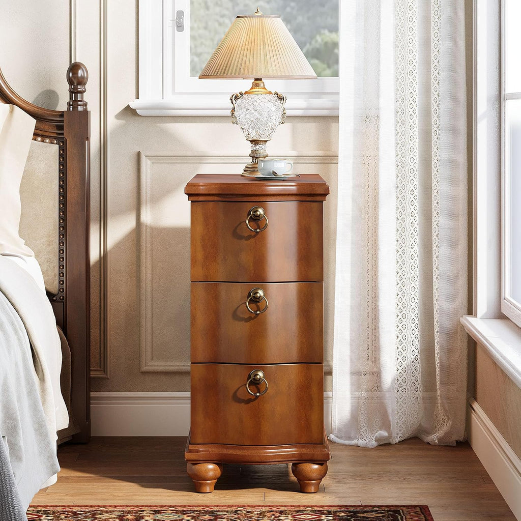 Tribesigns Wood Fully Assembled End Table, 3-Drawers Narrow Slim Side Table, No Assembly Required, Nightstand for Bedside, Small Spaces, Living Room, Bedroom, Walnut Brown