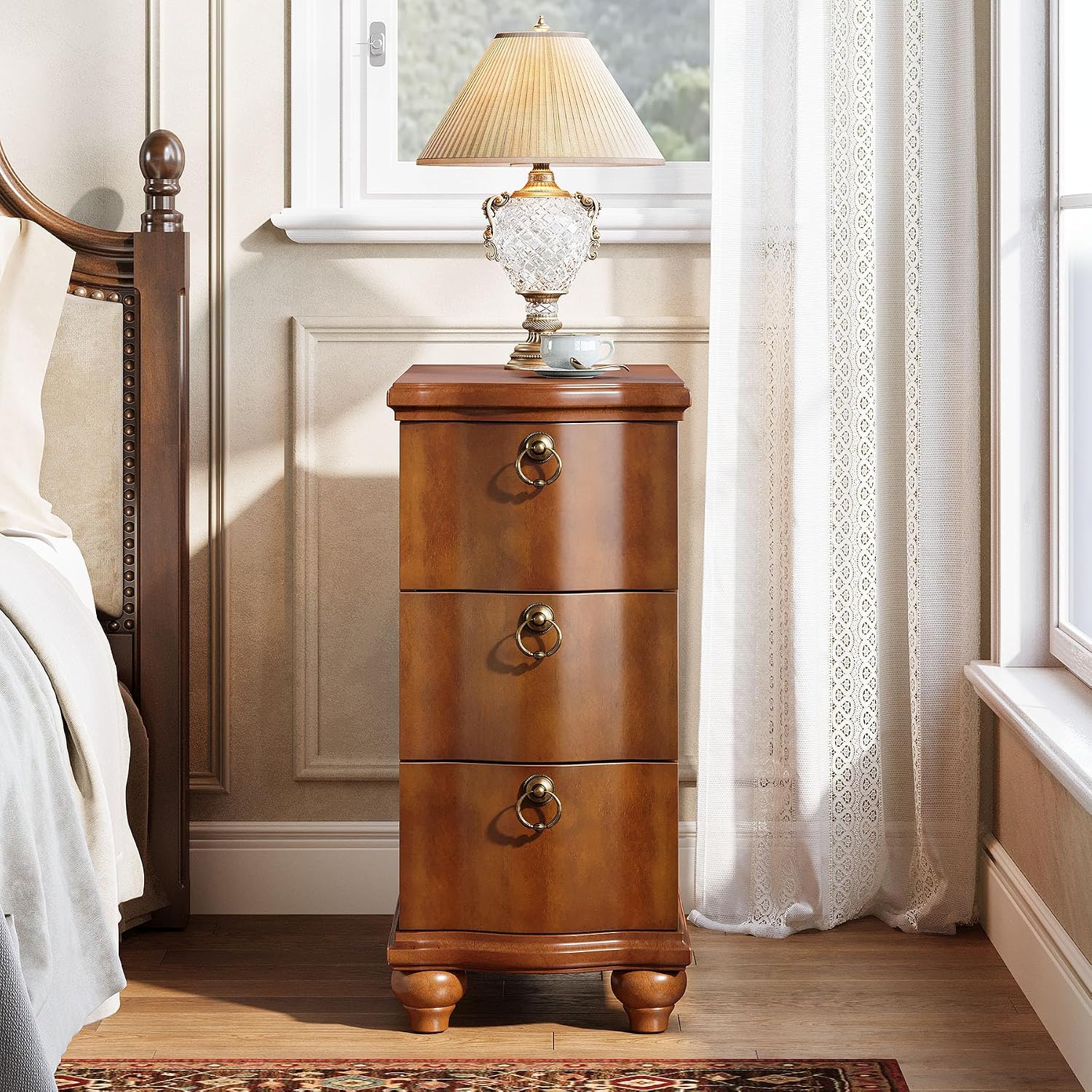 Tribesigns Wood Fully Assembled End Table, 3-Drawers Narrow Slim Side Table, No Assembly Required, Nightstand for Bedside, Small Spaces, Living Room, Bedroom, Walnut Brown