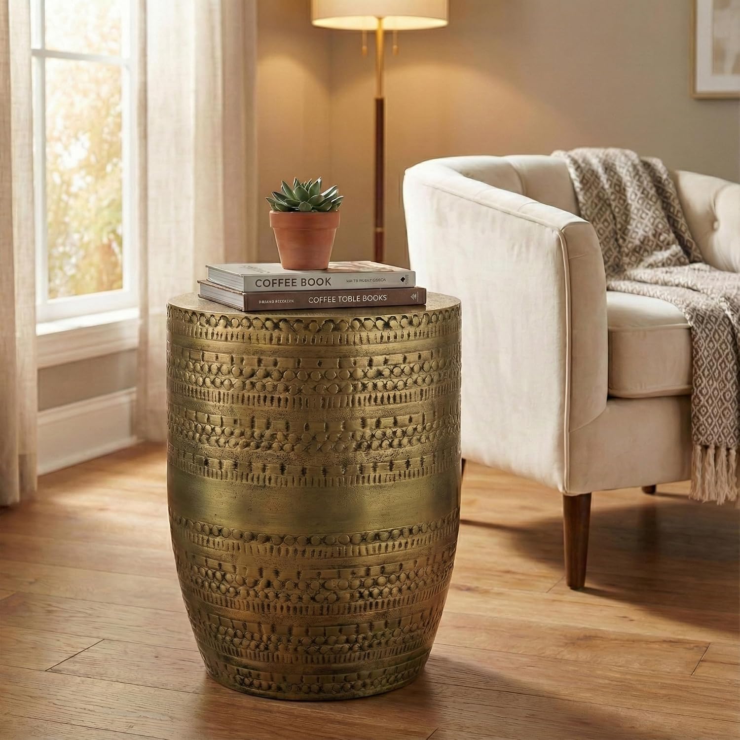 SIMPLIHOME Johnsen Tribal Accent Table – 15 inch Wide Round Metal Drum Table in Burnished Gold, Boho Modern Side Table for Living Room with Embossed Tribal Pattern, Assembled
