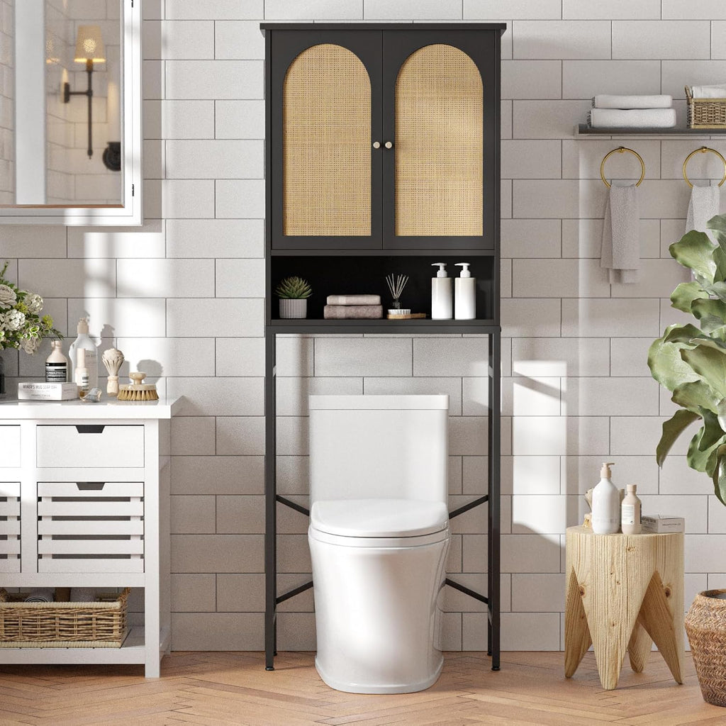 FiveWillowise Rattan Toilet Storage Cabinet, Over The Rack Wood Cabinet with Metal Stand, Bathroom Organizer with Adjustable Shelf, Tall Freestanding Washer Shelf, Small Cupboard, Black