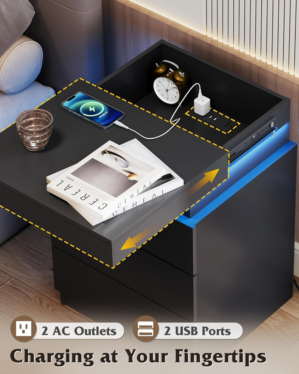 WLIVE Nightstand Set of 2 with Charging Station & LED Lights, Modern Night Stand with 3 Drawers and Sliding Top, Bedside Table End Table with Hidden Space for Bedroom, Living Room, Black