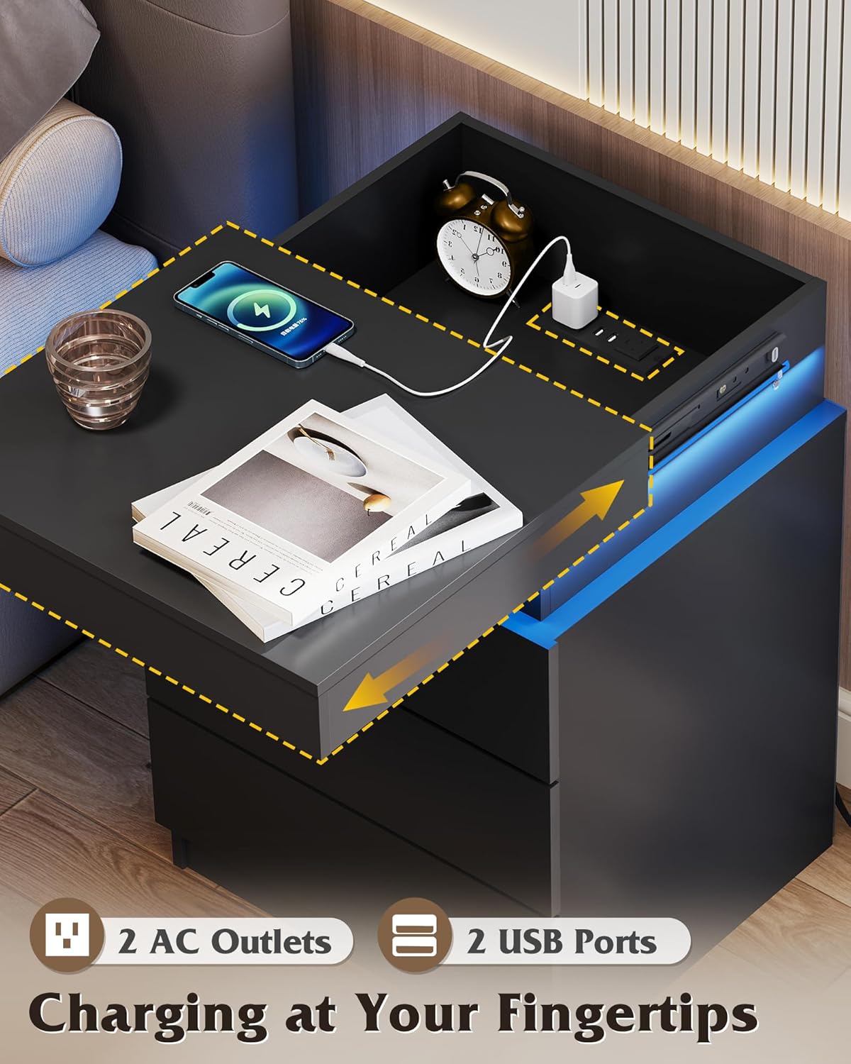 WLIVE Nightstand Set of 2 with Charging Station & LED Lights, Modern Night Stand with 3 Drawers and Sliding Top, Bedside Table End Table with Hidden Space for Bedroom, Living Room, Black