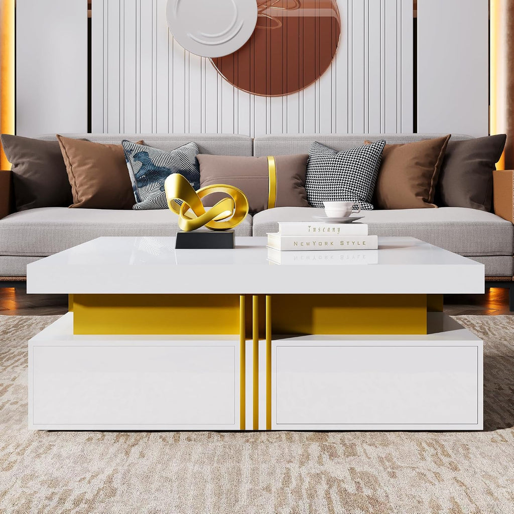 Merax 43.3' Modern Glossy Square Storage Coffee Table with 4 Drawers, Gold Accents, Functional Center Tables for Living Room Apartment, Glossy White