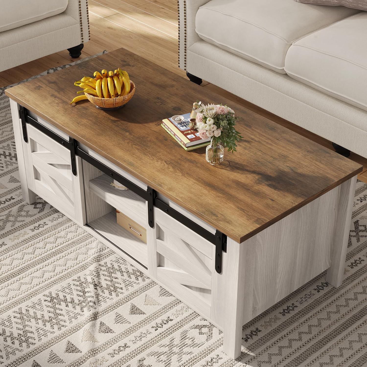 Furmax Coffee Table with Storage and Sliding Barn Doors, Farmhouse Living Room Table with Adjustable Shelves, Wood Rustic Center Table for Home Living Meeting Room (Antique White)