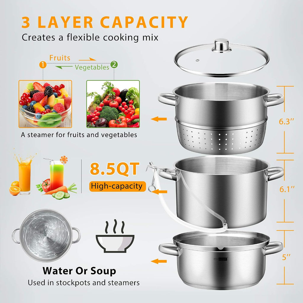 VIVOHOME Stainless Steel Juice Steamer Extractor Fruit Vegetables Juicer Steamer Pot 5 Qt & 8.5 Qt