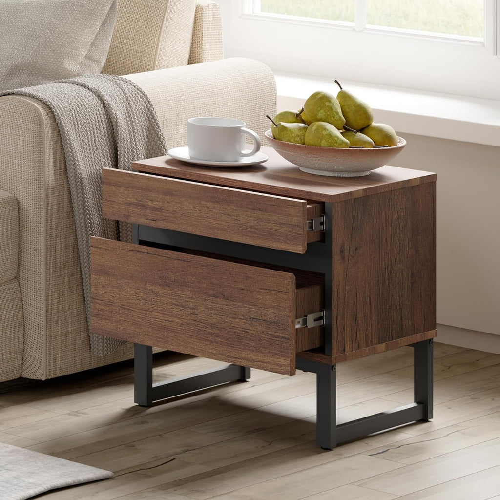 WAMPAT 2 Pack Modern End Table with 2 Drawers, Farmhouse Sofa Table with Black Square Iron Leg, Wood Rustic Side Table for Living Room, Nightstand for Bedroom, Brown, 17.7''L x 15.5''W x 19.8''H