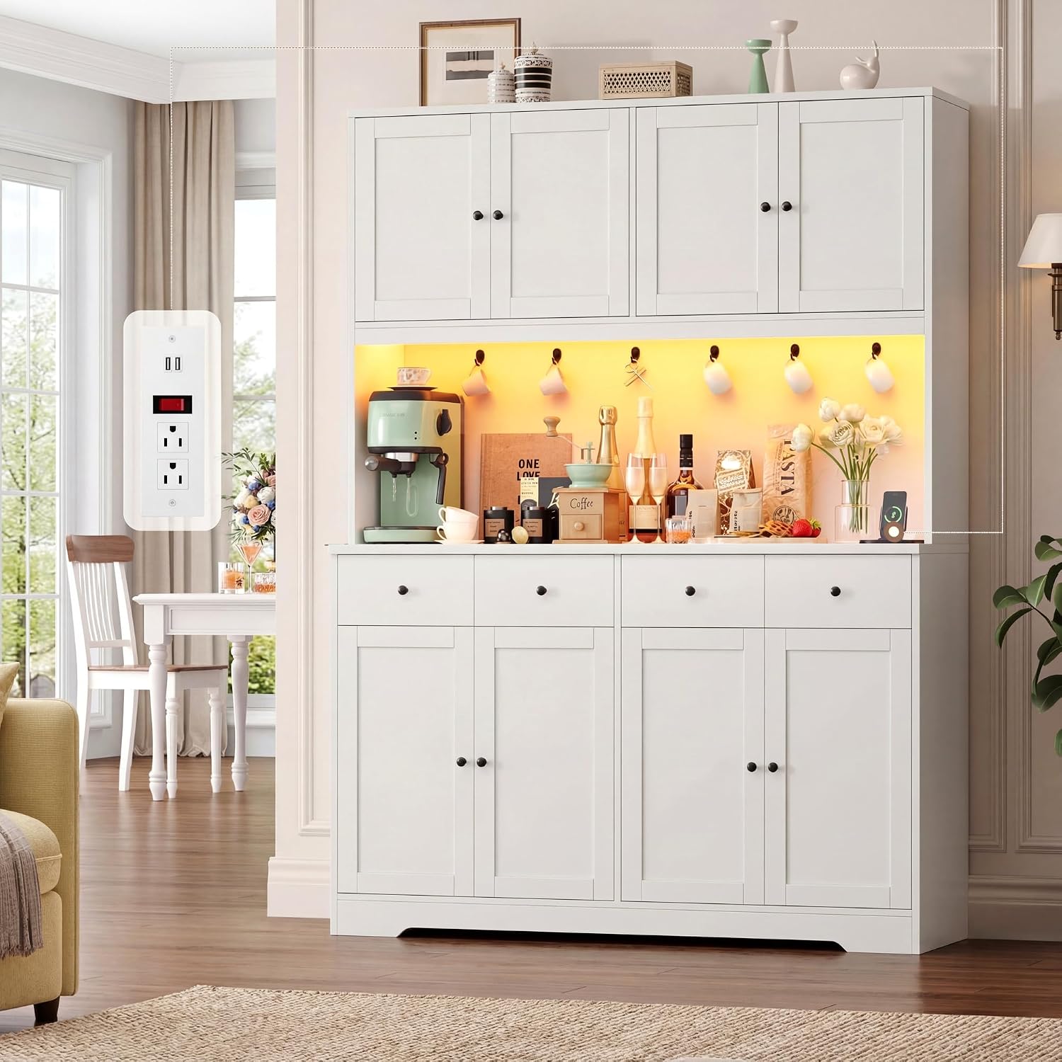 HIFIT 72' LED Kitchen Pantry Cabinet with Power Outlet & Cup Hooks, Tall Kitchen Hutch Storage Cabinets with Countertop Microwave Stand, Food Pantry Cabinet with Drawers for Dining Living Room, White