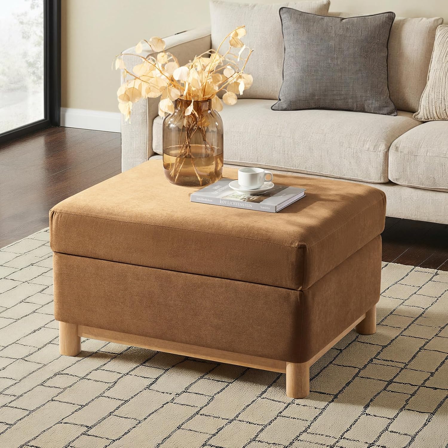HULALA HOME 30.25' Ottoman Coffee Table with Reversible Tray Lid, Modern Upholstered Storage Ottoman with Solid Wood Base, Removable Top, Footrest and Extra Seating for Bedroom or Living Room, CARAMEL