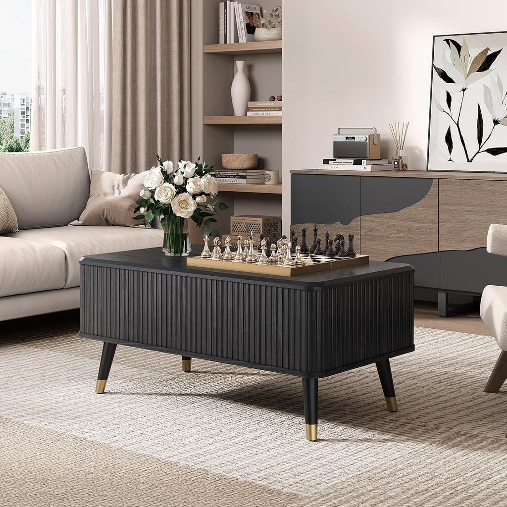 Lift Top Coffee Table with Storage, Modern Coffee Table with Solid Wood Legs, 38' Minimalist Fluted Center Table for Living Room, Home Office, Black