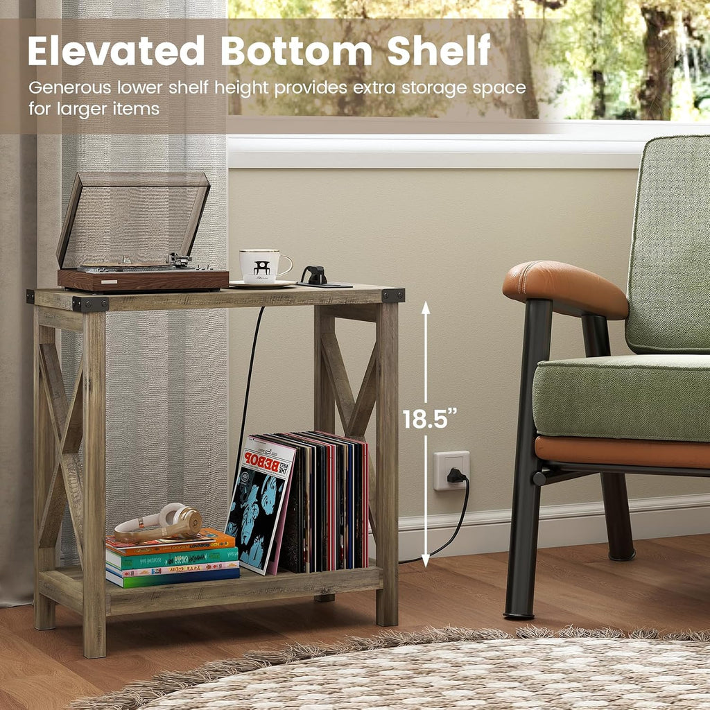 Hadulcet Farmhouse End Tables Living Room Set of 2 - Narrow Side Table with Charging Station, Slim Nightstand for Small Space, Skinny Bedside Table, Sofa Side Table with Storage Shelf, Elegant Gray
