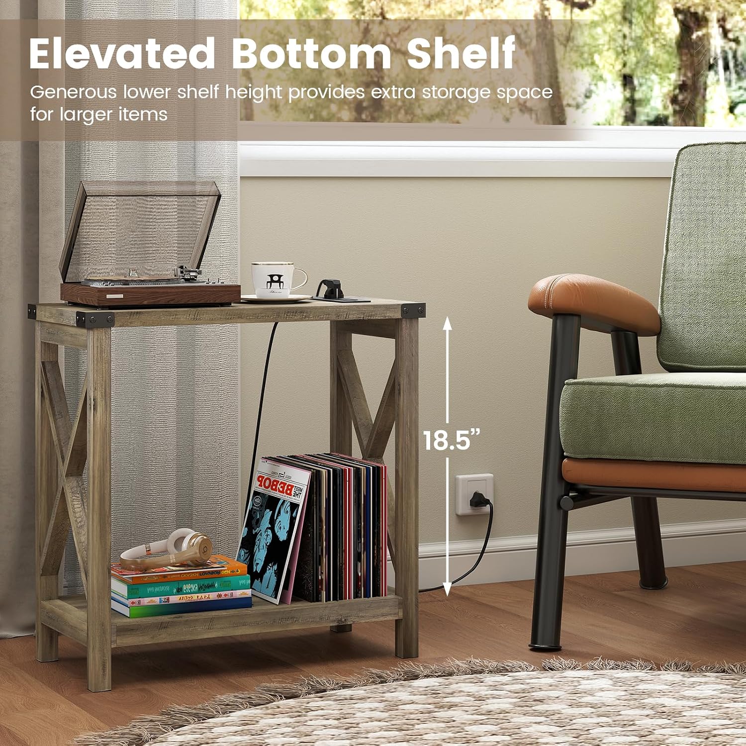 Hadulcet Farmhouse End Tables Living Room Set of 2 - Narrow Side Table with Charging Station, Slim Nightstand for Small Space, Skinny Bedside Table, Sofa Side Table with Storage Shelf, Elegant Gray