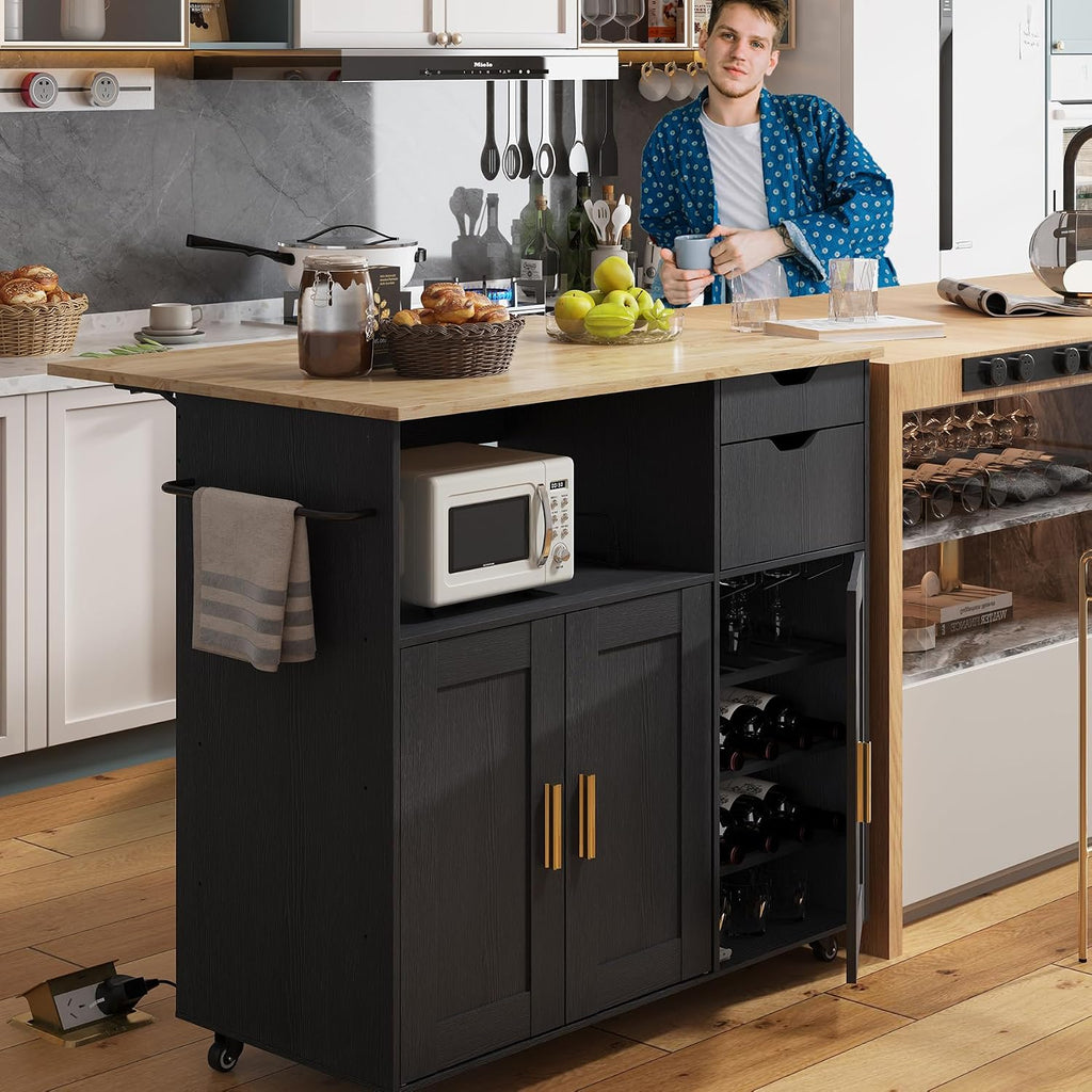 Kitchen Island Cart with Power Outlet, Rolling Kitchen Cart on Wheels with Storage Cabinet, Drawers, Spice Rack & Towel Bar, Portable Kitchen Island Table with Wood Top for Small Space, Black