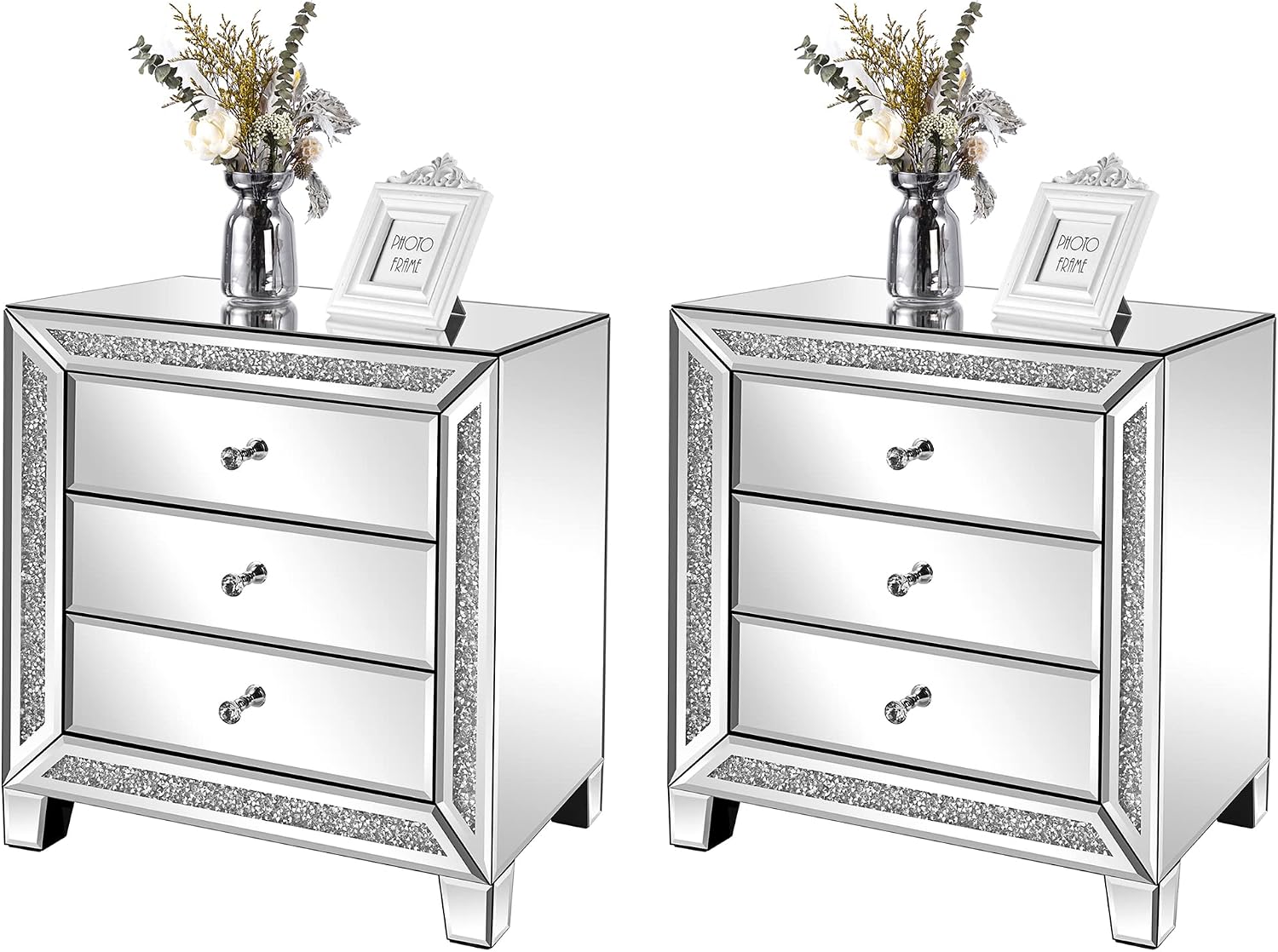 VINGLI Mirrored Nightstands Set of 2, 23' W Glass Mirror Night Stand Set of 2, Modern Bedside Table 3 Drawer Glass Side End Table Silver Dresser for Bedroom, 23'W x 13.8'D x 24.8'H