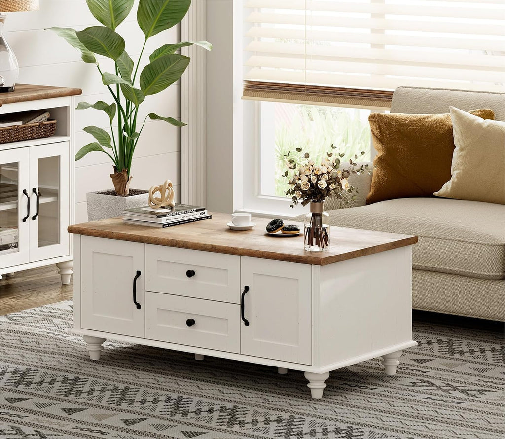 WAMPAT White Coffee Table with Drawers & Storage Cabinet, Modern Rectangle Center Table for Living Room, Rustic Wooden Cocktail Table Tea Table for Home, Office