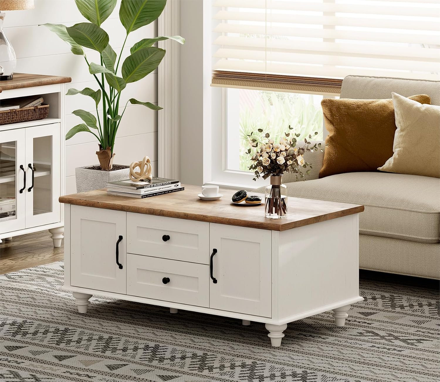 WAMPAT White Coffee Table with Drawers & Storage Cabinet, Modern Rectangle Center Table for Living Room, Rustic Wooden Cocktail Table Tea Table for Home, Office