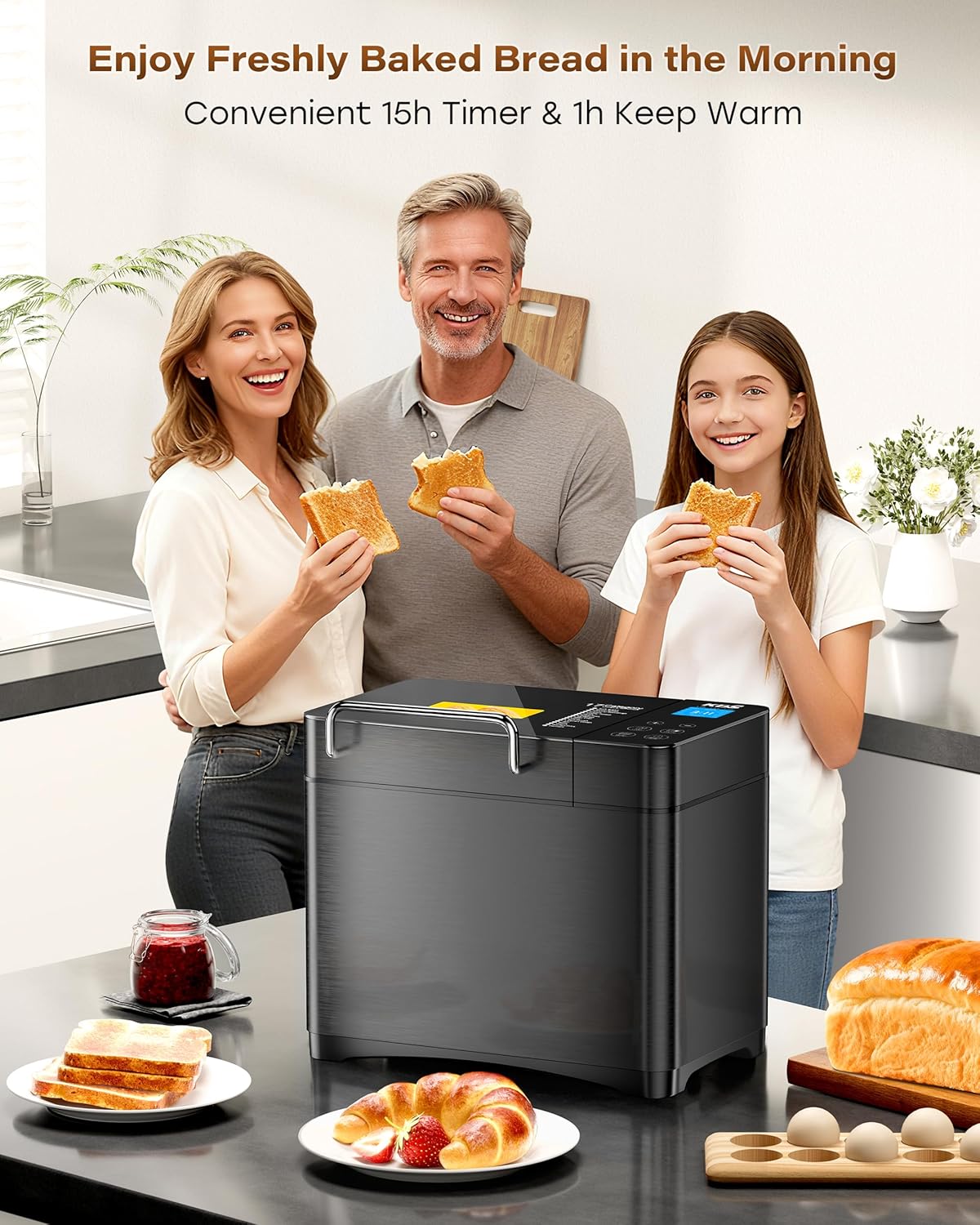 KBS Premium 2LB Convection Bread Maker Dual Heaters, 710W Stainless Steel 17-in-1 Bread Machine Healthy Ceramic Pan, Nut Dispenser,Touch Panel, 3 Loaf Sizes 3 Crust Colors, 15H Timer,Low Noise,Recipes