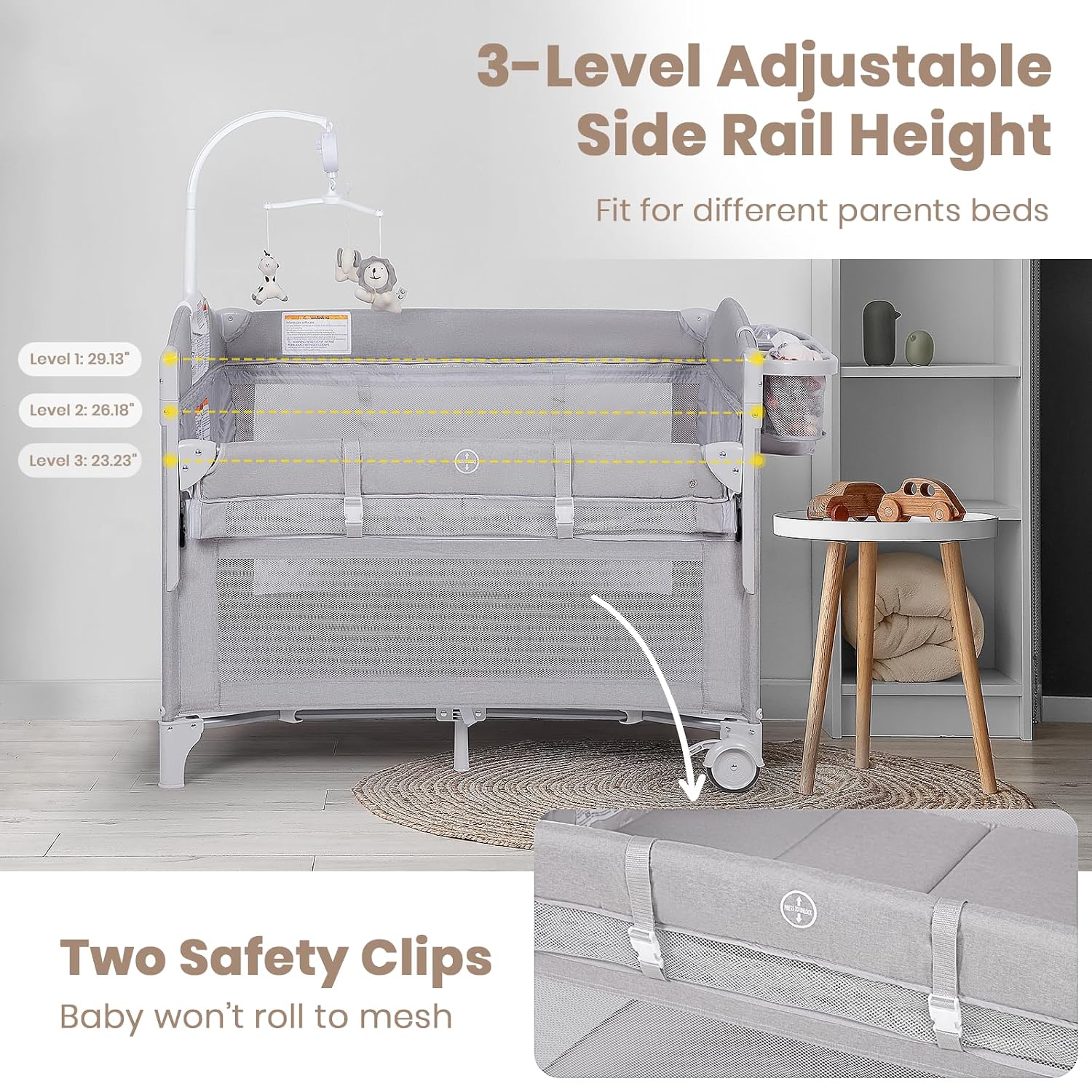 Rinnebbit Baby Bassinets Bedside Sleeper, 4 in 1 Portable Bedside Crib w/Mattress, Diaper Changer, Storage Basket, Music Box, Carry Bag, Foldable Playard Sleeper for Newborn (Light Gray)