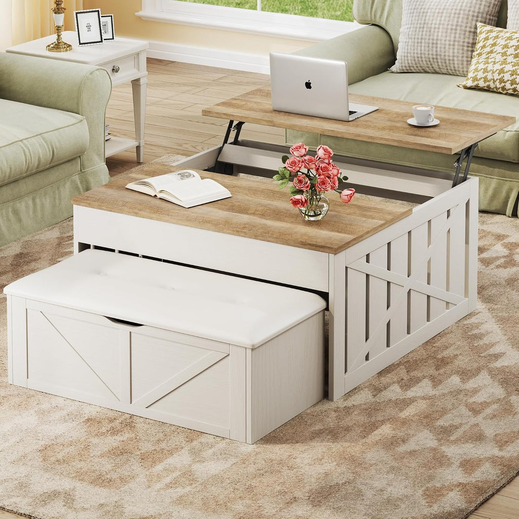 HUAHUU Coffee Table, 31.5 Lift Top Coffee Tables with Storage Hidden Compartment, Farmhouse Coffee Tables with Ottoman Bench, Center Table with Wooden Lift Tabletop for Living Room, White