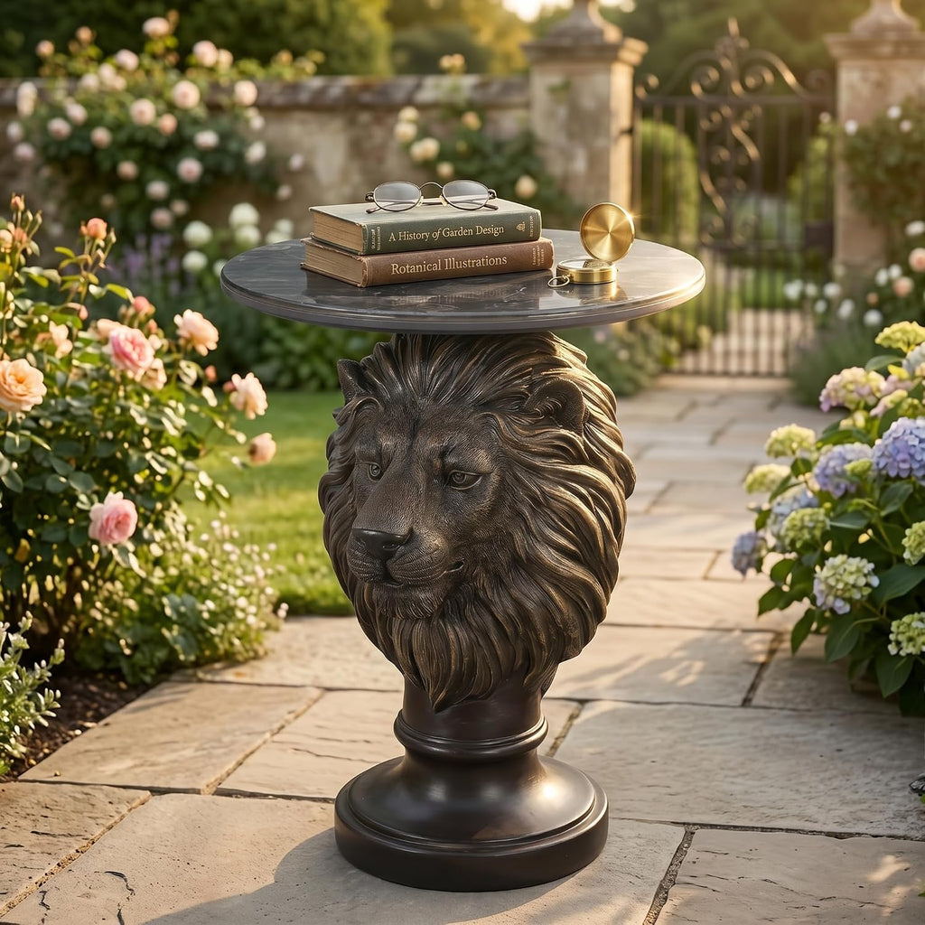 Vintage Bronze Lion Head Sculptural Side Table with Black Faux Marble Top, 19.69' Round Resin End Table, 25.59' H Majestic Accent Table for Living Room, Retro Office Decor, Heavy Duty