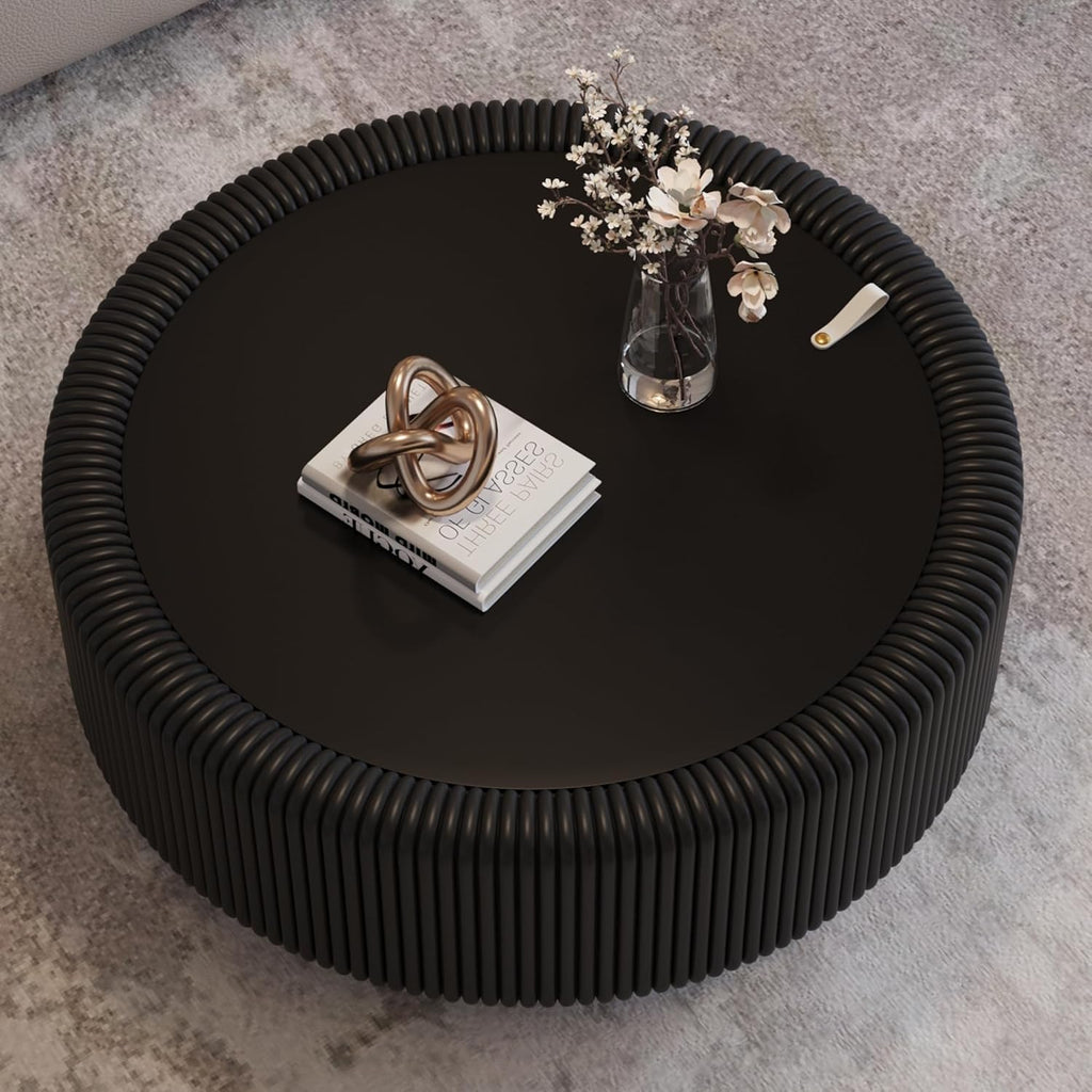 31.5' Black Round Coffee Table with Storage, Tempered Glass Top PU Leather Body & Baked Enamel Base, Modern Minimalist Fluted Circle Center Tables for or Living Room, Bedroom, Apartment