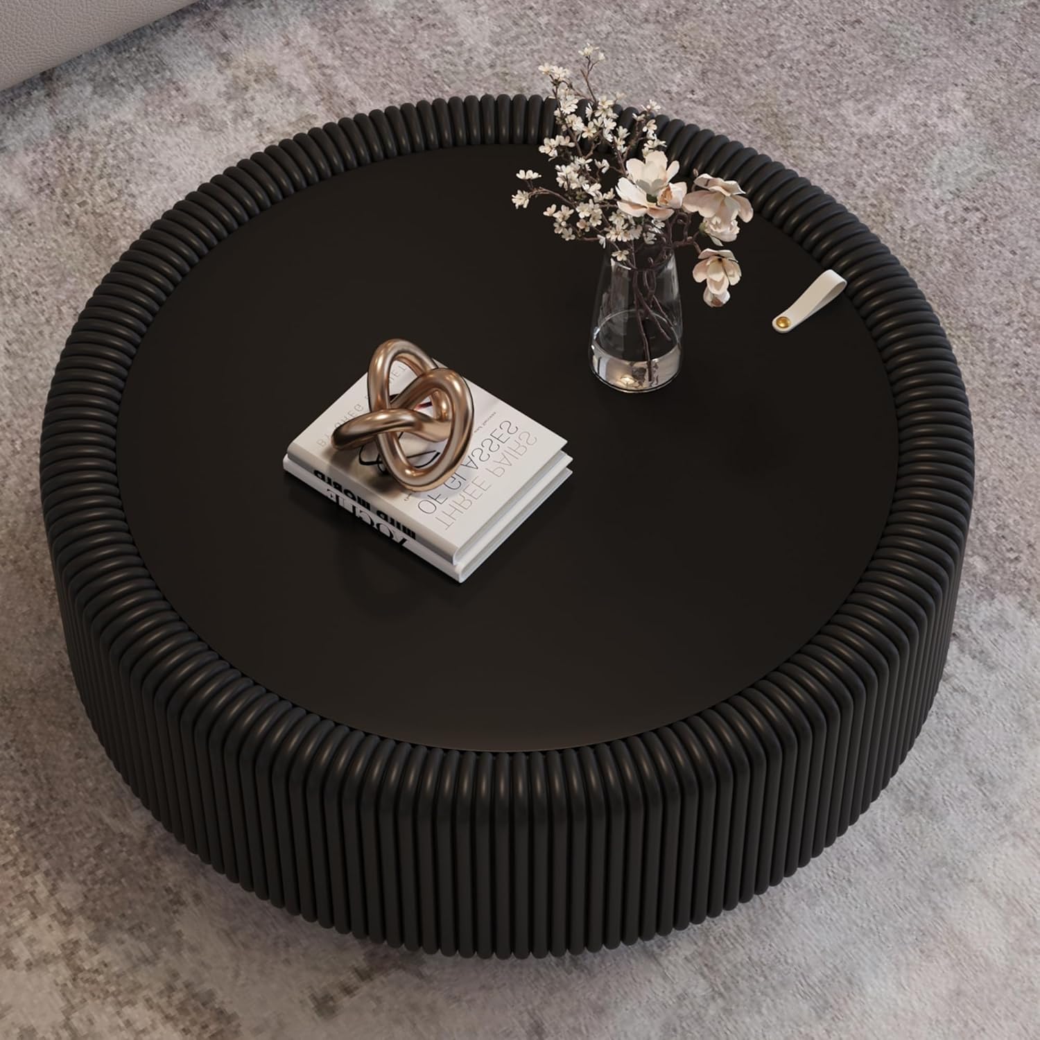 31.5' Black Round Coffee Table with Storage, Tempered Glass Top PU Leather Body & Baked Enamel Base, Modern Minimalist Fluted Circle Center Tables for or Living Room, Bedroom, Apartment