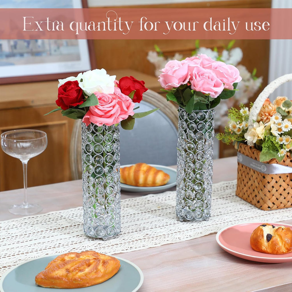 Dandat 16 Pcs Crystal Flower Vase and Pillar Candle Holder Set 10.24 Inch Wedding Cylinder Flower Vases Stand Table Centerpieces Candle Holders for Table Room Home Wedding Party Events Decor(Silver)