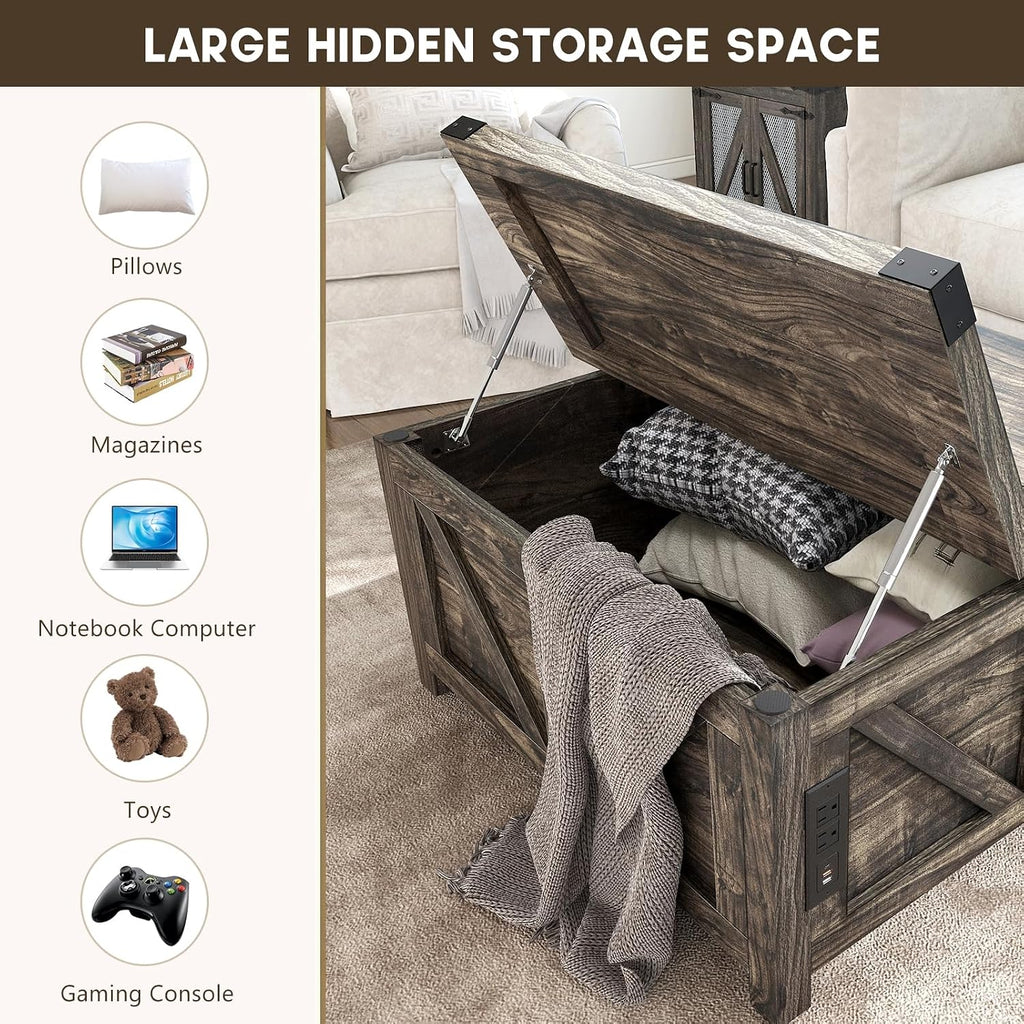 jimeimen Farmhouse Lift Top Coffee Table with Storage, Wood Square Center Table with Charging Station&USB Port, Living Room Table w/Large Hidden Space, for Living Room, Bedroom, Home Office, Dark Grey