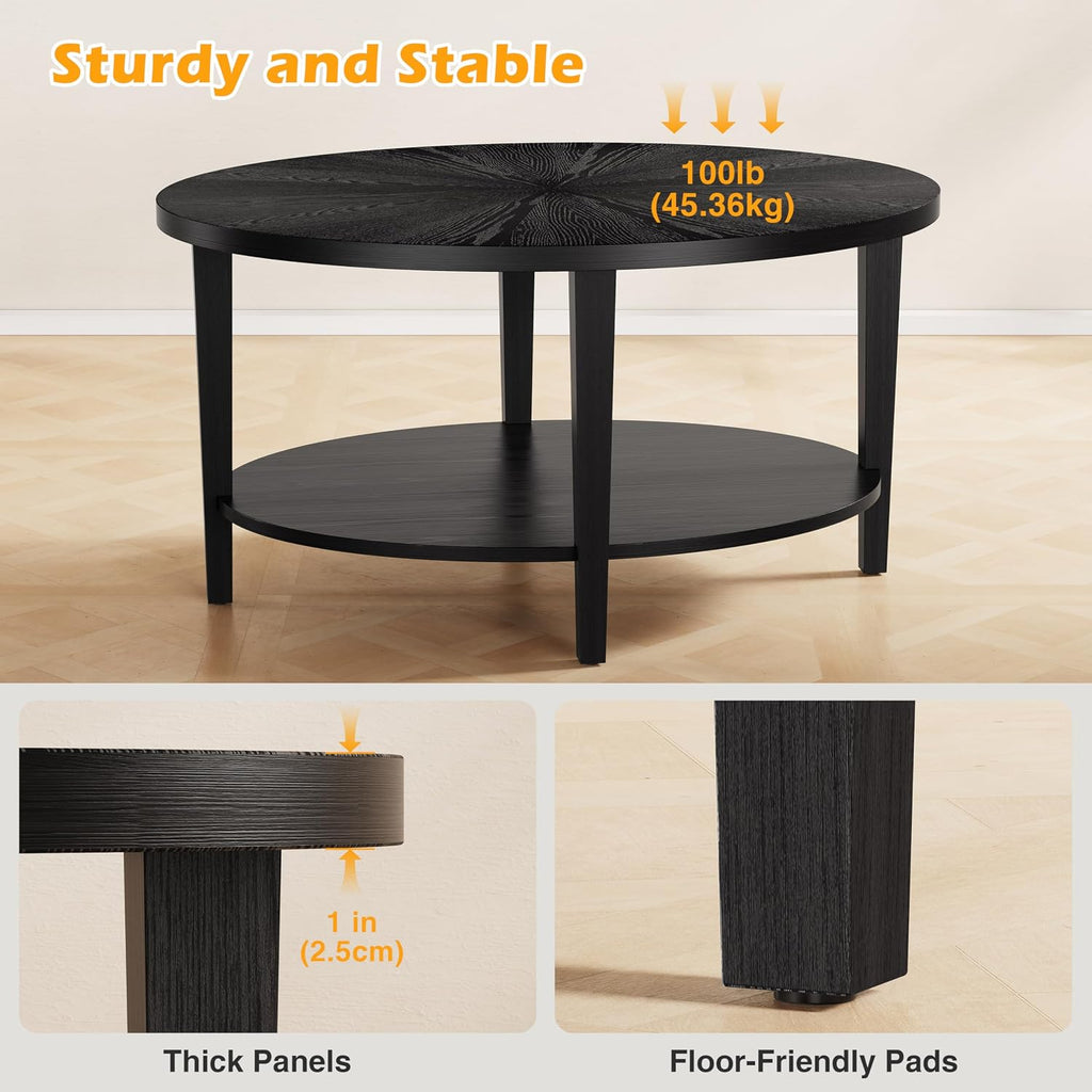 Solid Wood Oval Coffee Table for Living Room, 2 Tier Oval Rustic Coffee Table with Storage Shelf, Double Layer Center Table for Living Room, Easy Assembly Black
