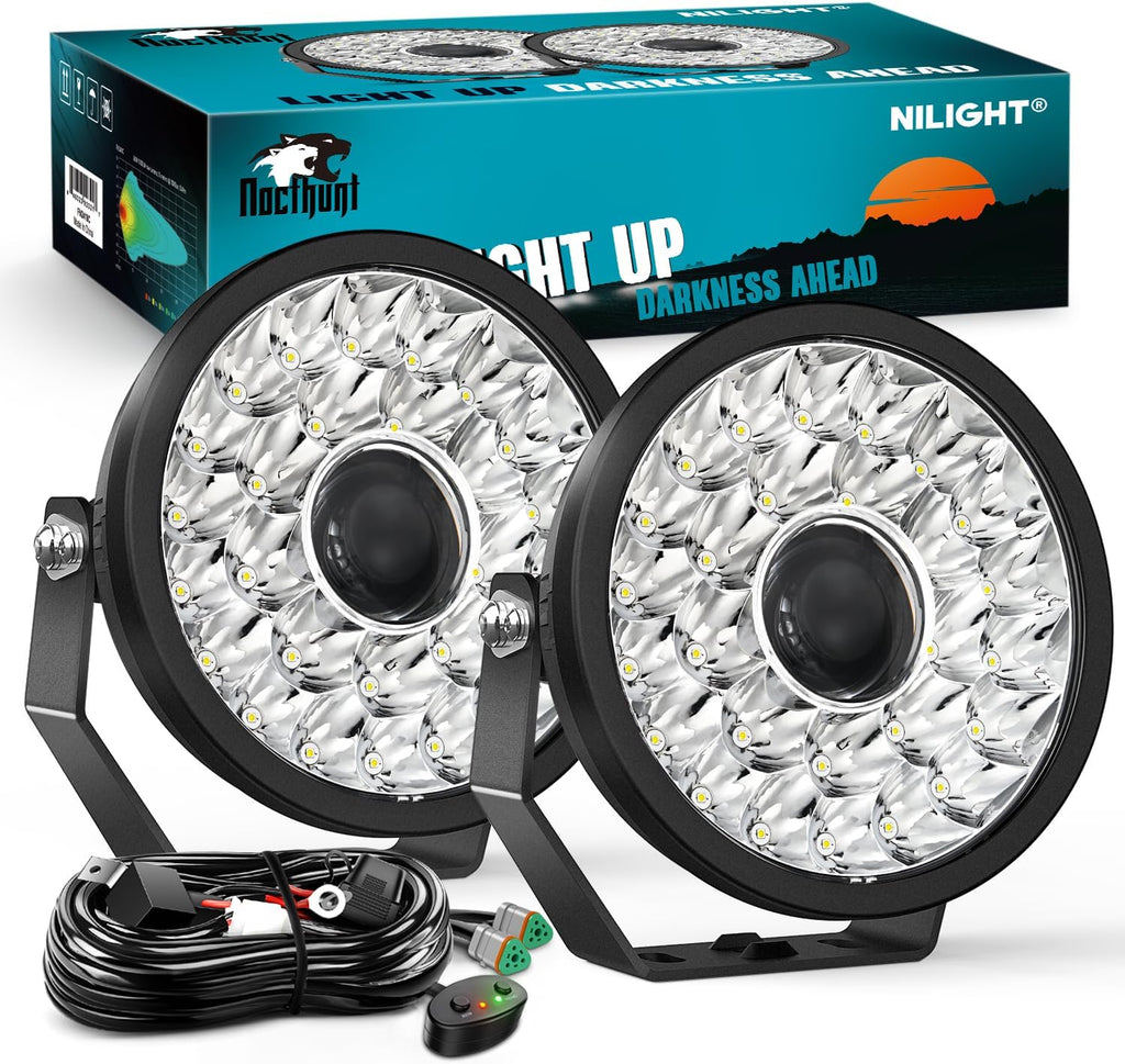 Nilight 9 Inch LED Offroad Driving Lights with DRL 2 PCS 160 W Round Hyper Spot Beam Offroad Light w/ 12 AWG DT Connector Wiring Harness Kit for Jeep Truck ATV UTV SUV
