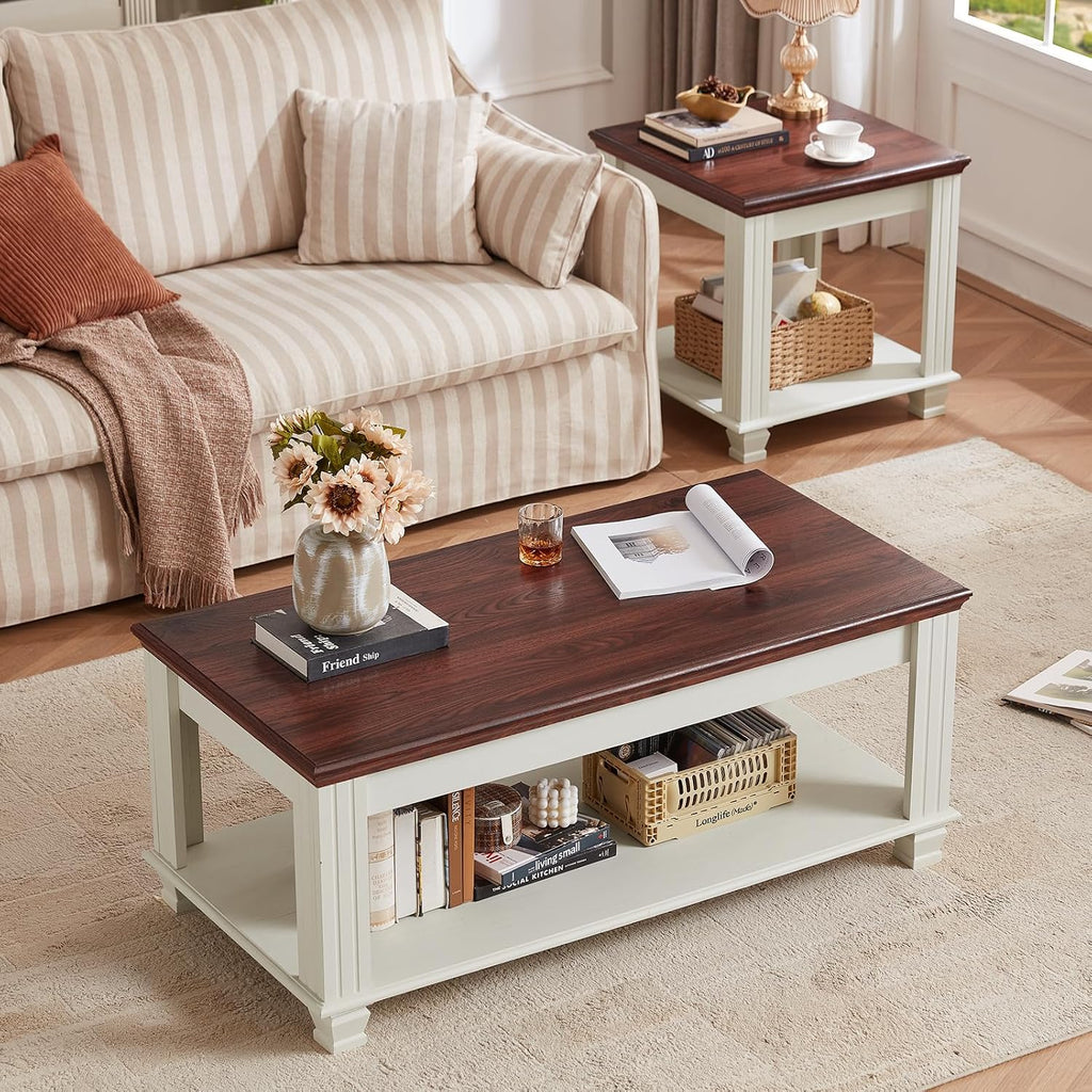 SAVOR LIFE Farmhouse Coffee Tables for Living Room,Square Tea Table with Open Storage Shelf,Large Coffee Table,Rustic Wooden Center Table,White