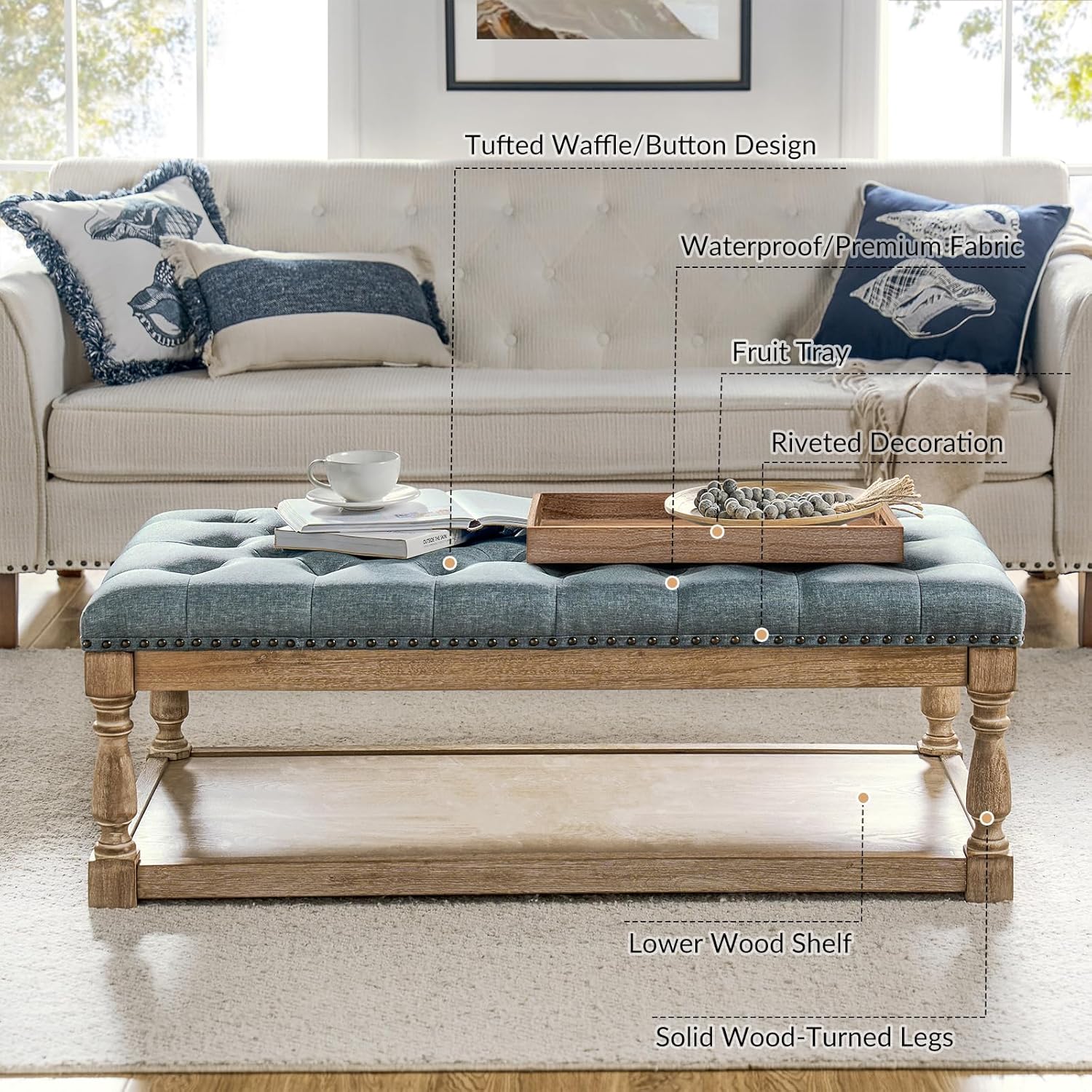HULALA HOME Rectangle Ottoman Coffee Table with Tray, Tufted Living Room Ottoman with Solid Wood Storage Shelf, Blue