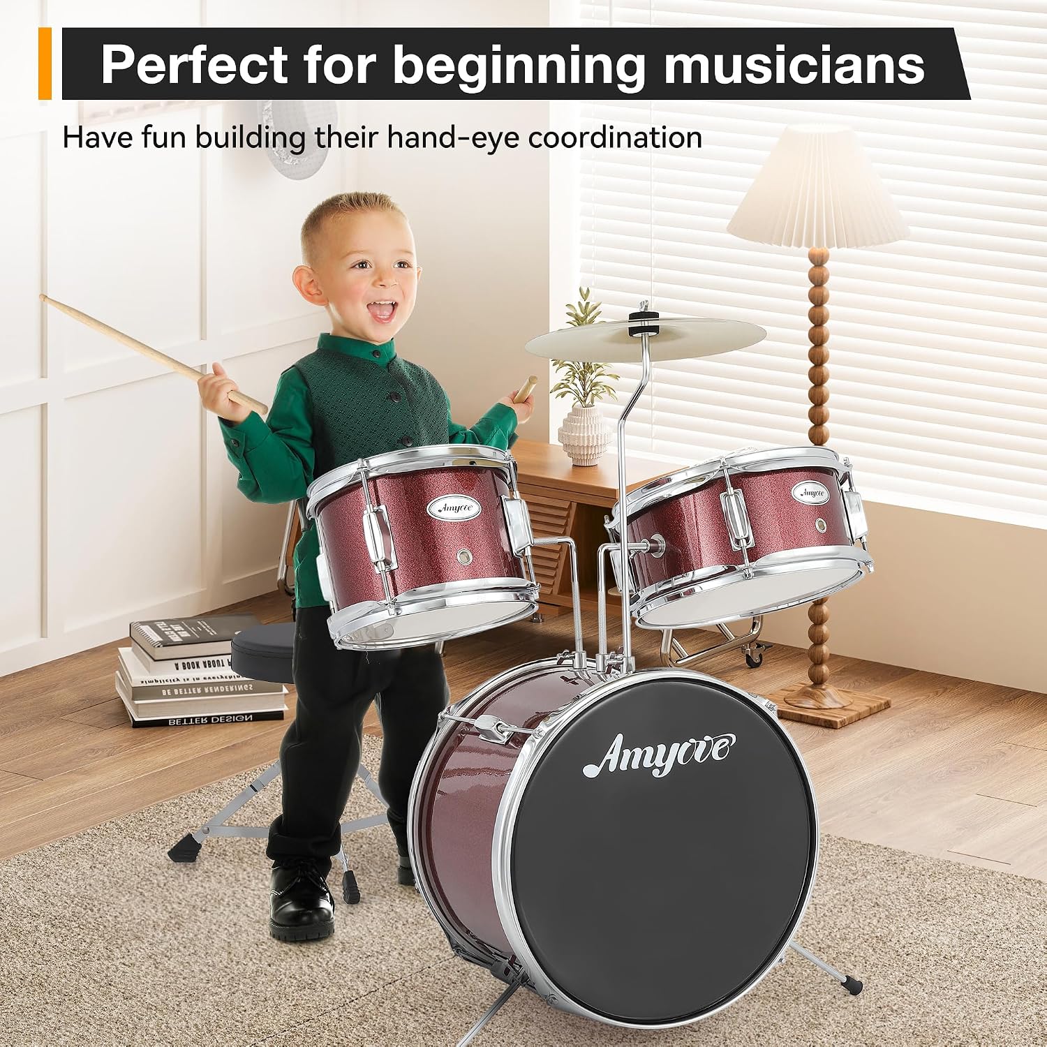 3-Piece Beginner Drum Set, Beginner Drum Set,with Bass Tom Snare Drum, 14 Inch Drum Kit with Snare, Cymbal, Drumsticks, Adjustable Seat (Red)