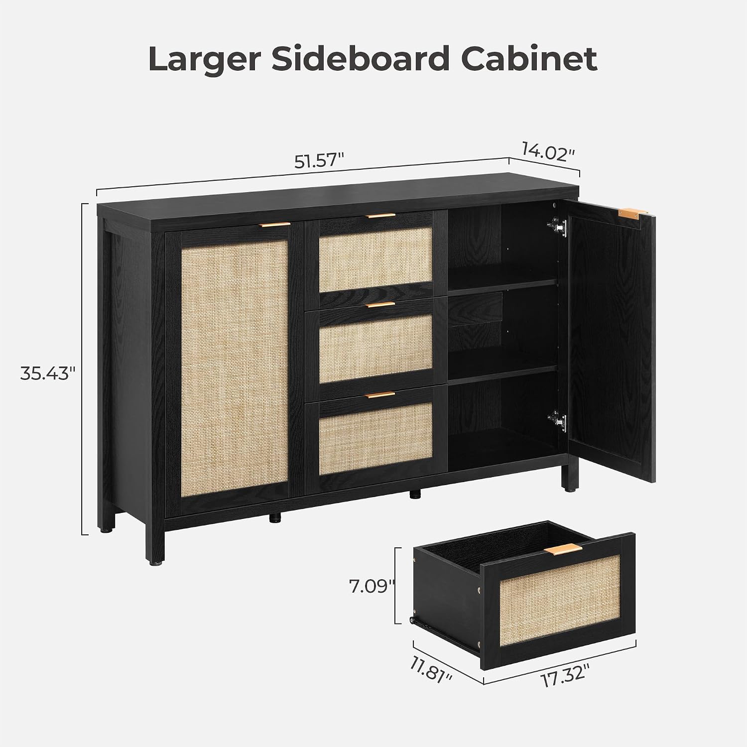 SICOTAS Rattan Sideboard Buffet Coffee Bar Cabinet with Storage - 52' Larger Farmhouse Credenza Storage Cabinet with 3 Drawers and 2 Doors, Boho Console Table for Living Room, Kitchen, Black Oak