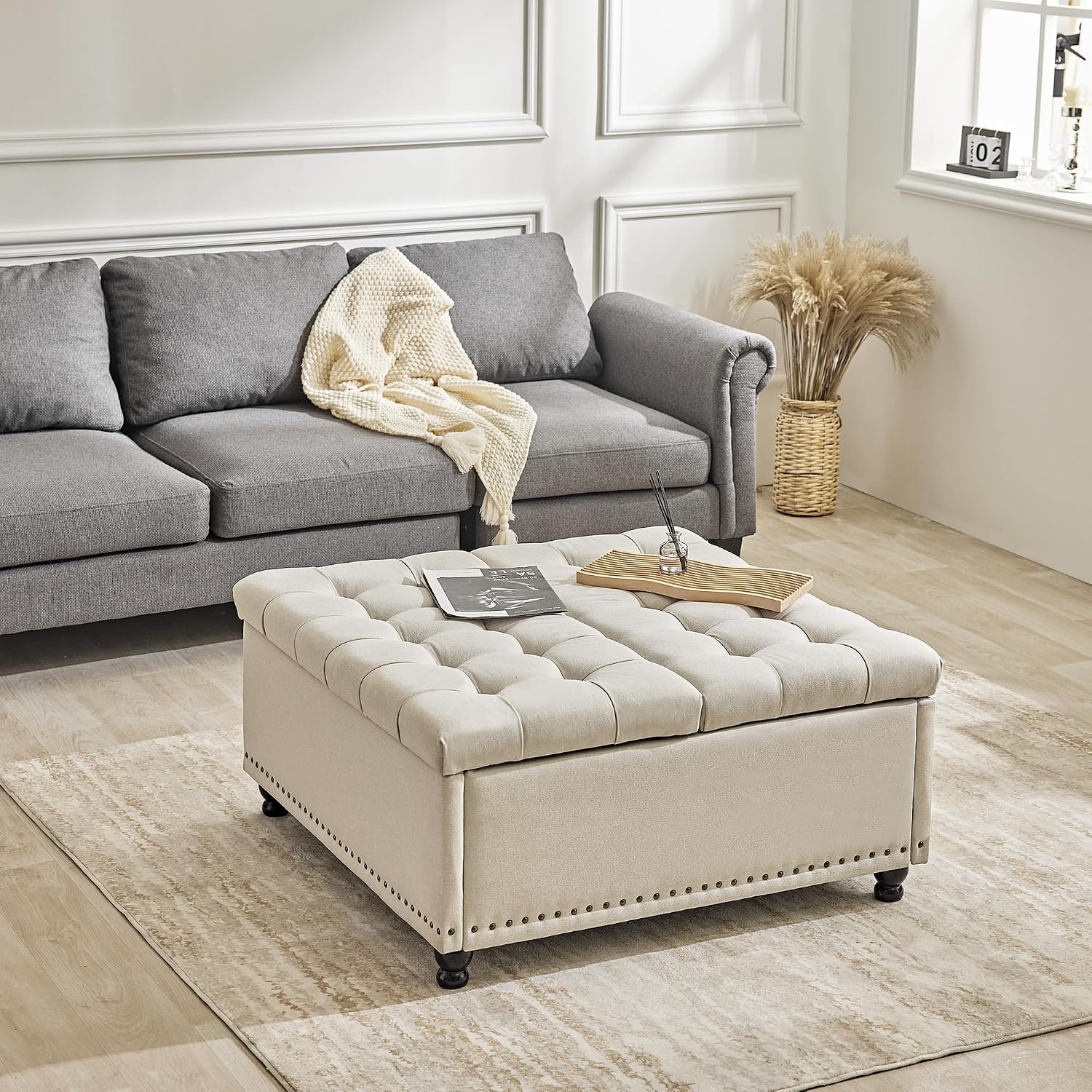 Redlife 35 Inch Large Square Storage Ottoman, Storage Ottoman Coffee Table with Lift Top Linen Ottomans Bench Square Footrest Oversized Upholstered Coffee Table for Living Room Bedroom (Beige)