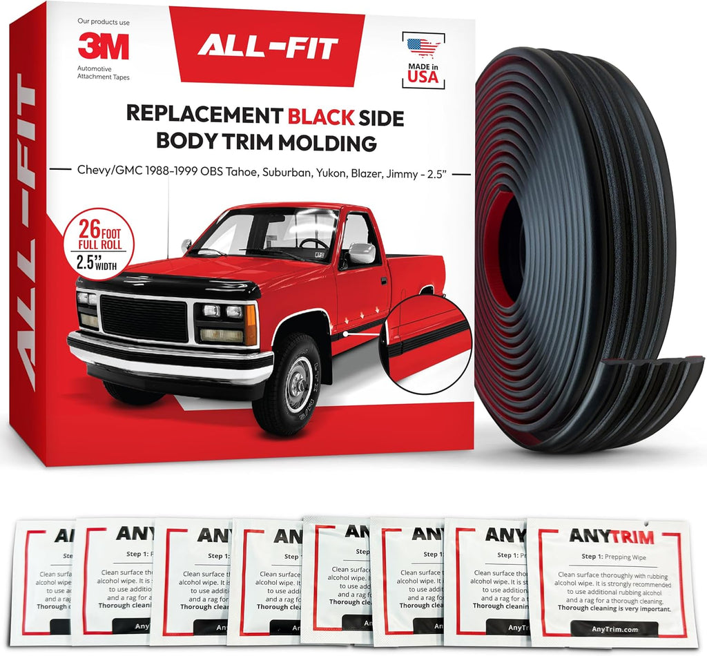 All-Fit Automotive Replacement Old Style Body Side Molding (2.5') – OEM Grade Black Trim fits 1988-1999 Chevy Tahoe, GMC Suburban, Yukon, Blazer, Jimmy OBS – Easy Install w/ 3M Automotive Tape (26 Ft)