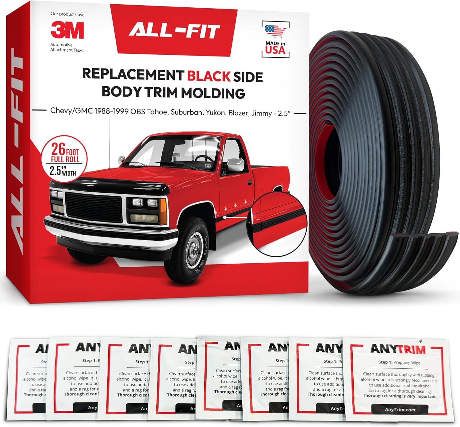 All-Fit Automotive Replacement Old Style Body Side Molding (2.5') – OEM Grade Black Trim fits 1988-1999 Chevy Tahoe, GMC Suburban, Yukon, Blazer, Jimmy OBS – Easy Install w/ 3M Automotive Tape (26 Ft)