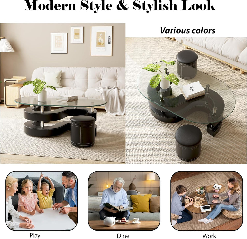 Oval Glass Coffee Table Set of 3, 0.39' Tempered Glass Top and S Shape Base, Modern Coffee Table with 2 Leather Stools, Accent Coffee Table for Living Room Bedroom, Black