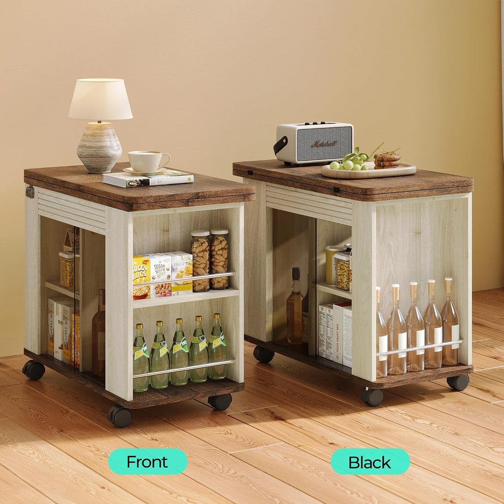 LINSY Folding Top End Table, Rolling Side Table with Universal Wheels, Modern Farmhouse Coffee Table with Sliding Glass Doors and Storage Shelf, Wood Narrow Nightstand for Living Room and Small Space