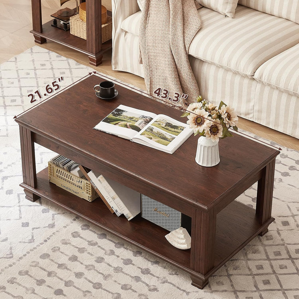 SAVOR LIFE Farmhouse Coffee Tables for Living Room,Square Living Room Tables with Open Storage Shelf,Large Modern Coffee Table,Rustic Brown Center Table,Walnut