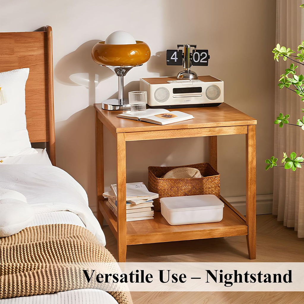 Side Table, Solid Wood Square End Table with Storage Shelf, 2-Tier Coffee Table for Living Room, Rubber Wood Small Sofa Table, Nightstand 23.62 H x 23.62 W x 23.62 D Inches (Natural)