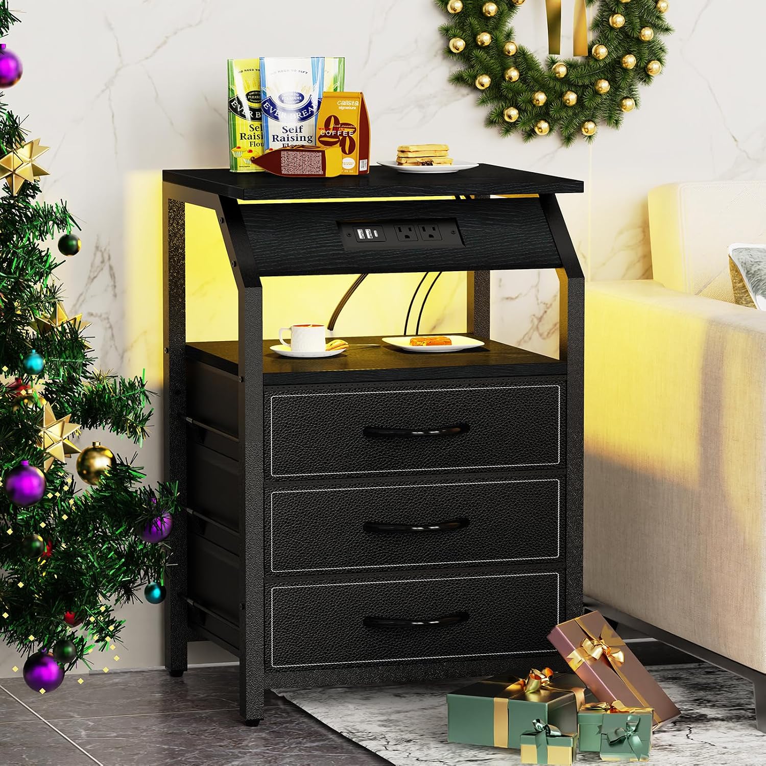SZLHANJZ End Tables Set of 2, Nightstands with Charging Station and LED Lights, 3 Drawers Fabric Bedside Table, Storage Side Tables for Bedside, Living Room, Modern Black