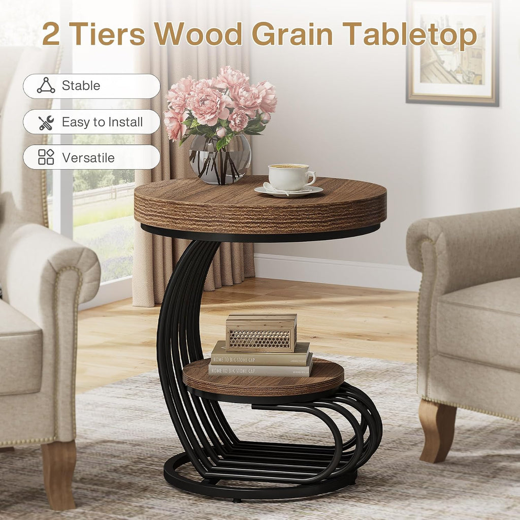 Tribesigns Round End Table, 2-Tier Farmhose Wood Side Table with Shelf Storage, Small Sofa Side Bedside Nightstand, Arc-Shaped Frame Accent Furniture for Living Room, Light Brown