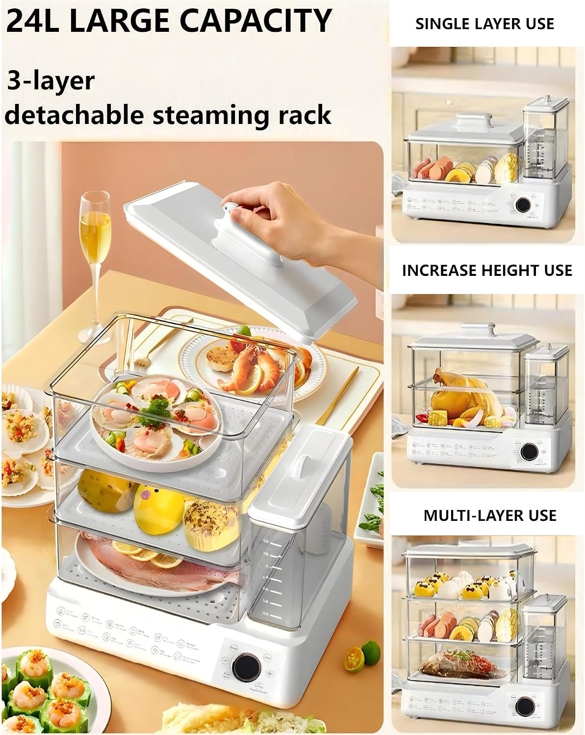 24L Electric Food Steamer, 3-Tier Stainless Steel Steam Cooker with 12 Preset Modes, Detachable Water Tank, 24H Delay Start, Auto Shut-Off & Keep Warm for Vegetables, Fish and Eggs