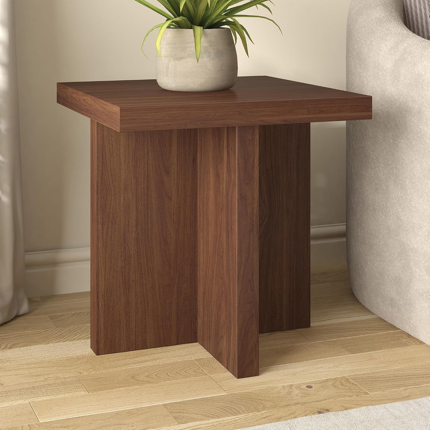 Henn&Hart 22' Scandinavian Wooden Square End Table, Side Table, Nightstand with X-Base for Living Room, Office, Family Room, or Bedroom, Medium Walnut