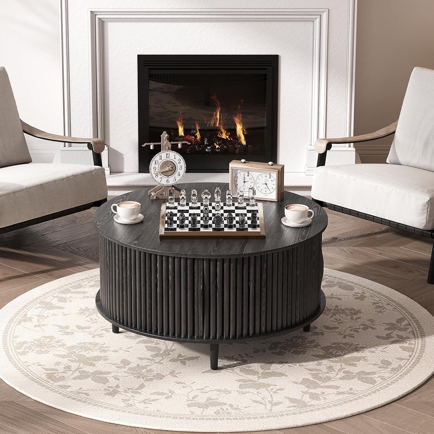 Round Coffee Table with Storage, 31.5' Modern Coffee Table with Sliding Door & Solid Wood Legs, Minimalist Fluted Center Table for Living Room, Home Small Space, Black