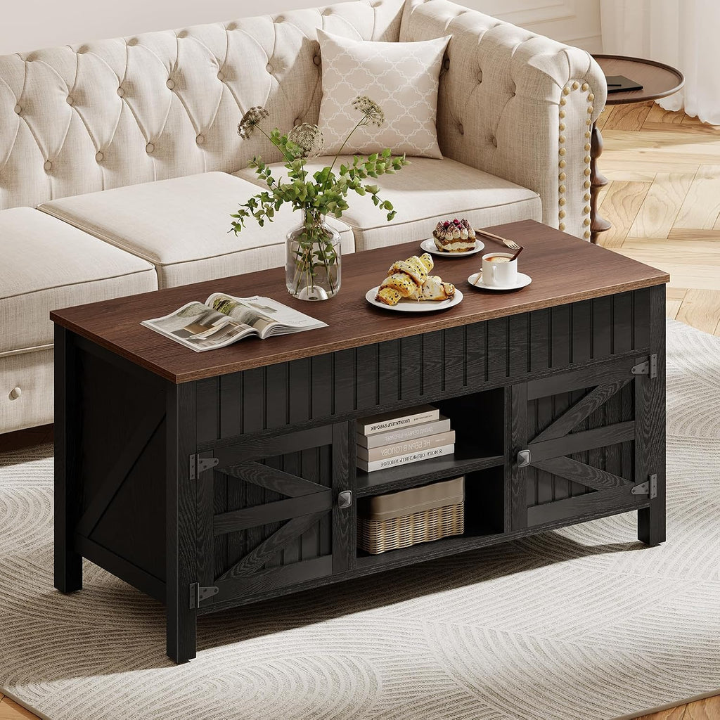 47.3' Lift Top Coffee Table with Storage - Black Coffee Tables for Living Room, Farmhouse Wood Center Table, Large Rectangle Middle Tables with Hidden Compartment & Adjustable Shelf