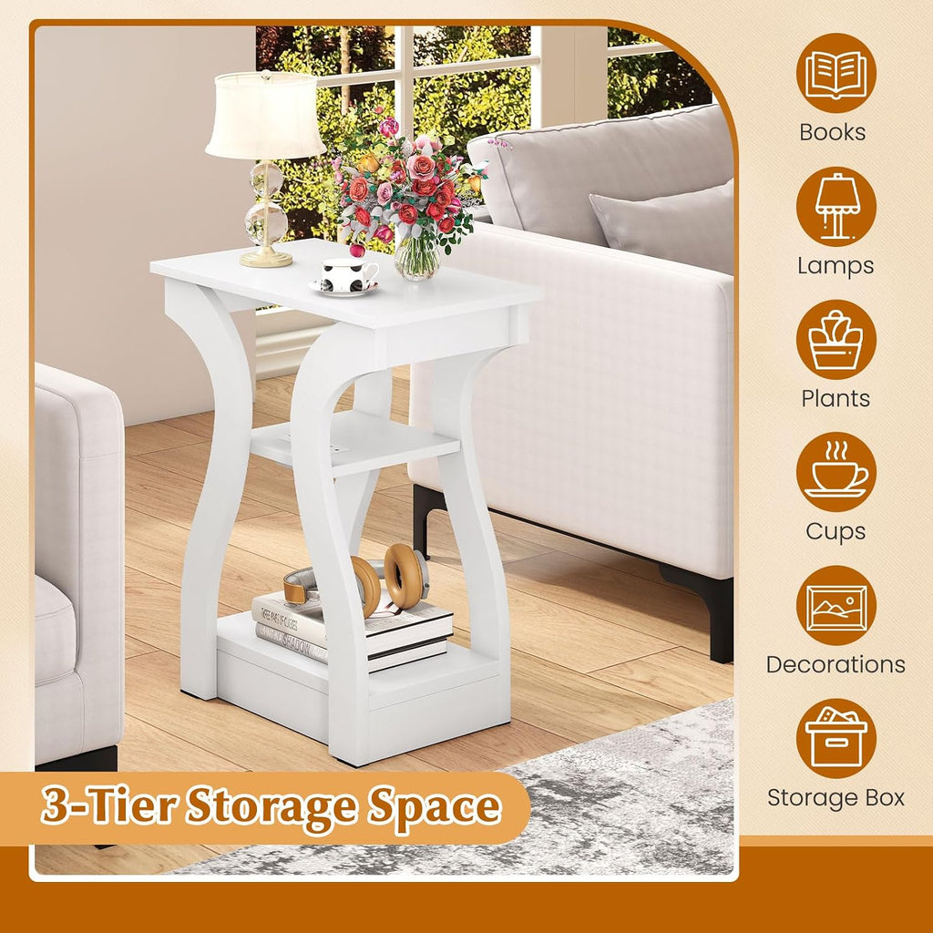 Giantex Narrow End Tables with Charging Station Set of 2, Wood Sofa Side Tables with Open Storage Shelves, Bedside Tables with USB Ports & Outlets, Modern Nightstands for Living Room, Bedroom, White