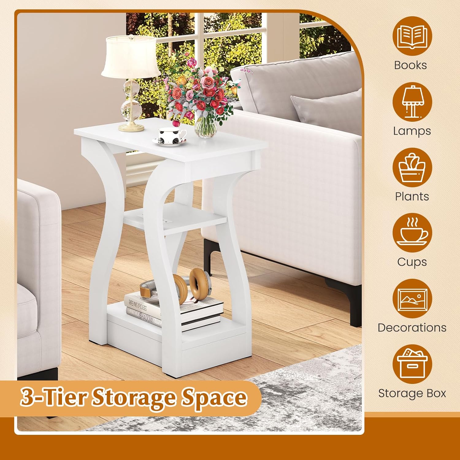 Giantex Narrow End Tables with Charging Station Set of 2, Wood Sofa Side Tables with Open Storage Shelves, Bedside Tables with USB Ports & Outlets, Modern Nightstands for Living Room, Bedroom, White