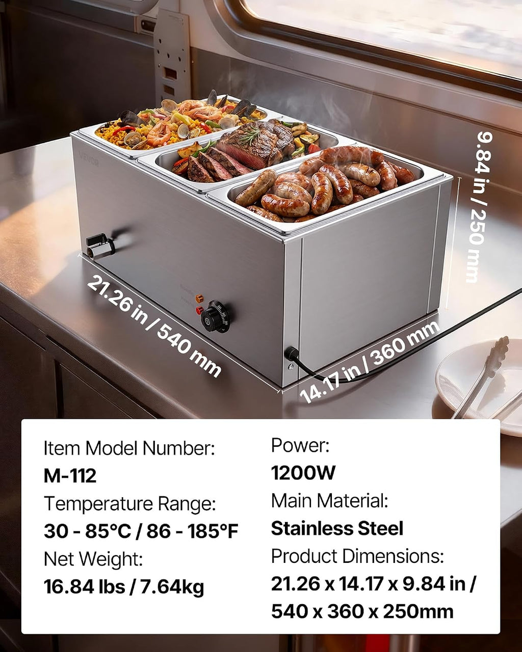 VEVOR 3-Pan Commercial Food Warmer, 24QT Electric Steam Table, 1200W Professional Countertop Stainless Steel Buffet Bain Marie with 86-185°F Temp Control for Catering and Restaurants, Silver